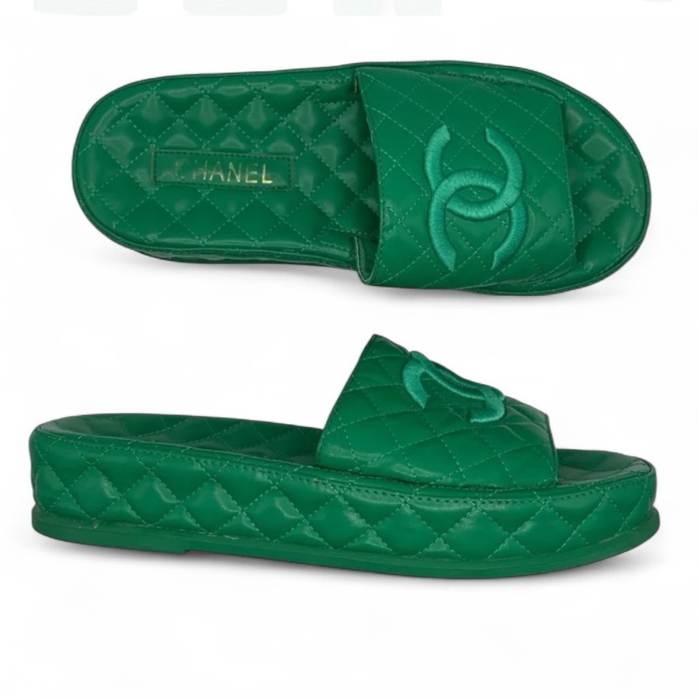 Chanel Green Quilted Interlock CC Slip On Shoes